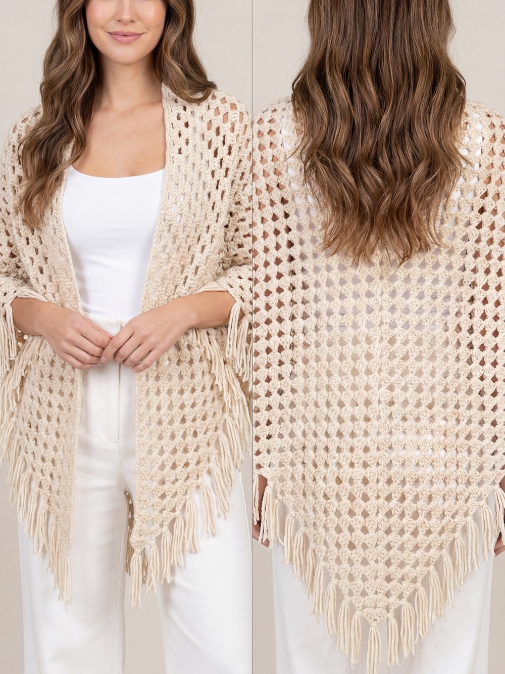 Vintage Handmade Crochet Fringe Shawl Wrap Poncho Cream Boho One Size